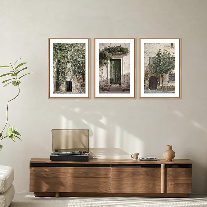 HOURIA Large Vintage Italy City Landscape Framed Canvas Wall Art Set,Green Olive Tree Old House Wall Decor,Malta Modern Minimalist Country Farmhouse Art Print for Living Room,Bedroom,Office- 24"x36"x3