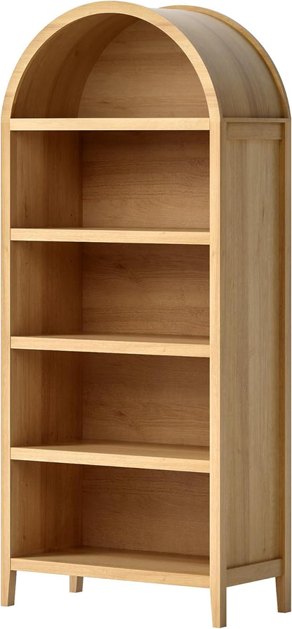 5 Tier Arched Bookshelf, 71" Tall Bookcase with Adjustable Shelves Wood Storage Cabinet Freestanding Display Kitchen Pantry for Living Room Bedroom Home Office, Natural Oak
