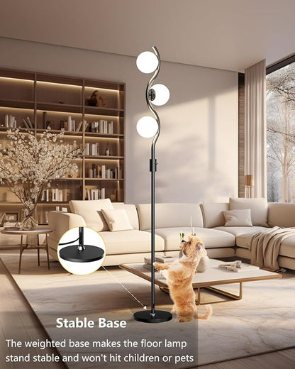 Dimmable Globe Floor Lamp Black Standing Lamps with 3 Soft Warm White 3000K Bulbs, Mid Century Modern Floor Lamp for Living Room Bedroom Home Decor