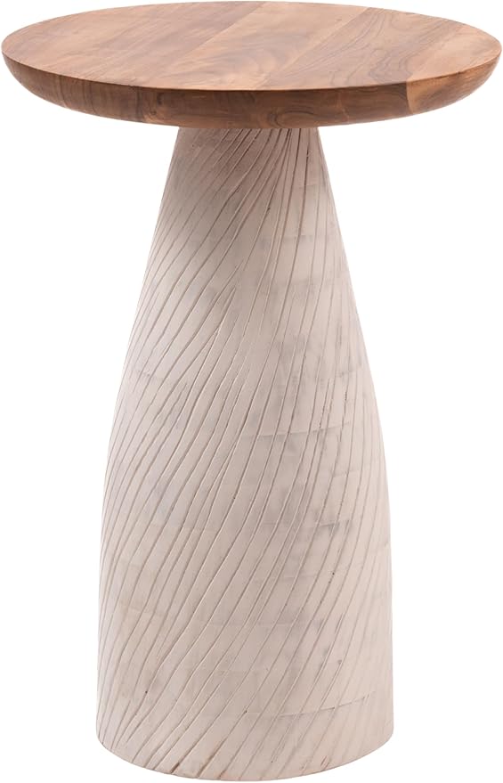 Modern Round Wood Accent Table with Carved Cone Base Solid Mango Wood Side Table for Living Room, Bedroom or Entryway White,Assembled