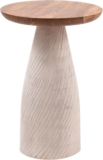 Modern Round Wood Accent Table with Carved Cone Base Solid Mango Wood Side Table for Living Room, Bedroom or Entryway White,Assembled