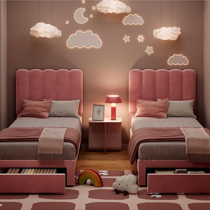 GarveeHome 2 Sets Twin Bed Frame with Under-Bed Drawer, Upholstered Platform Bed with Wave Headboard for Kids/Girls, Wooden Slats Support, No Box Spring Needed, Velvet Pink