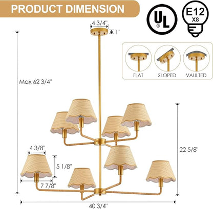 2-Layers Boho Rattan Chandelier 8-Lights Rustic Industrial Pendant Light Large Adjustable Pendant Lighting Fixtures for Kitchen Island Dining Living Room, Dia 41”, UL Listed