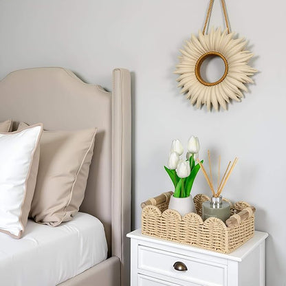 CubesLand Scalloped Edge Toilet Paper Storage Basket, Living Room Home Cozy Decor Basket, Paper Rope Small Baskets for Over Toilet Storage Shelf, Shelves, with 2 Wooden Handles, Beige