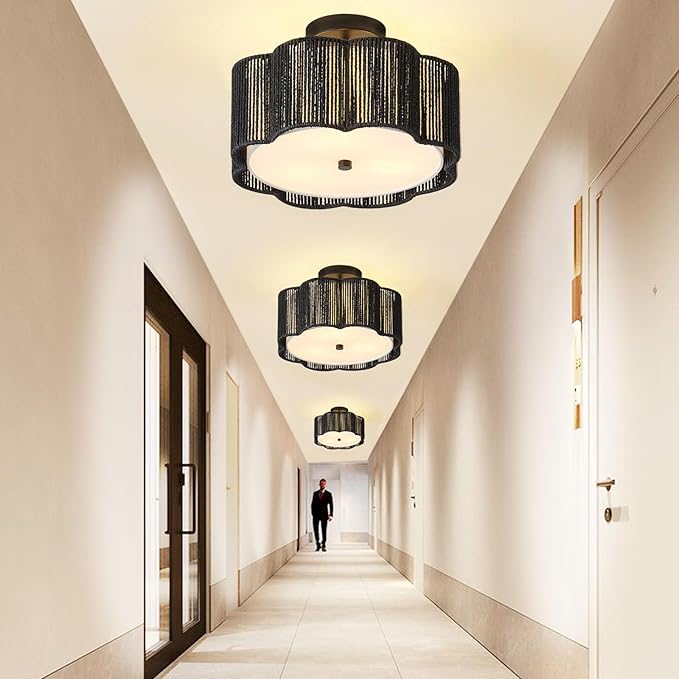 Rattan Ceiling Light Fixtures Flush Mount,3-Light Boho Light Fixtures Ceiling Mount for Bedroom,Close to Ceiling Light Modern Rattan Chandelier Lighting for Hallway Kitchen Dining Room(Black)