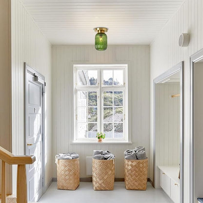 Mid Century Modern Ceiling Lamp 1-Light Gold Ceiling Light Classic Green Glass Shade Vintage Design Glass Flush Mount Lights for Hallway Living Room Kitchen (Green, 2 Pack)