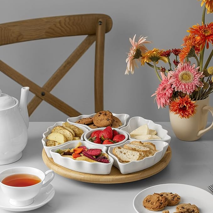 DOWAN 360° Rotatable Serving Platters, 12 Inch Divided Serving Bowls for Party, Kitchen Decor, Removable Serving Dishes for Chips and Dip, Fruit, Veggies, Candy and Snacks, 7 Pieces, White
