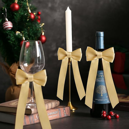 AYGXU 24pcs Christmas Bows Decor,Champagne Gold Bows for Gift Wrapping,Christmas Tree Decorations,Bow Decor,Double-Sided Ribbon Bow,Bag Ties Twists