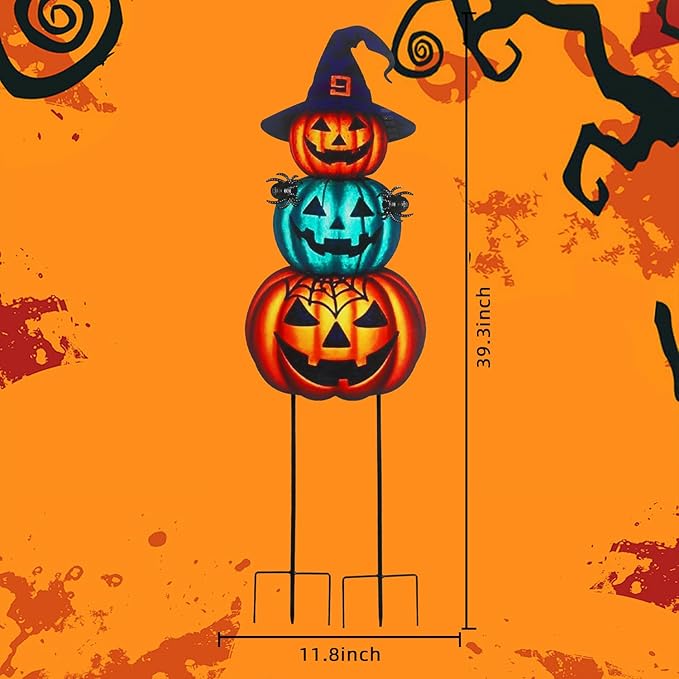Halloween Yard Stakes Large 39.3" with Stackable Pumpkins and Scary Spiders, Metal Halloween Yard Decorations for Garden, Lawn, Patio, Outdoor Decor with Witch Hat