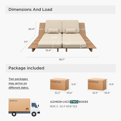 Acanva Set of 2 Patio Chaise Lounge Outdoor Chair with Comfy Cushion, Aluminum Reclining Outdoor Chairs with 5-Position Adjustable, for Poolside, Balcony, Yard, Teak+Light Khaki, 2 pcs