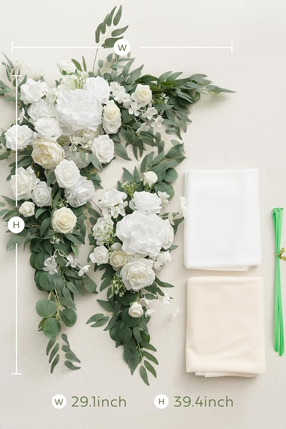 Ling's moment Artificial Wedding Arch Flowers Kit Pack of 4, 2pcs Hanging Flowers Arrangement 2pcs Chiffon Drapes Ceremony Spring Fake Rose Arbor Backdrop White Sage Floral Party Outdoor Decor
