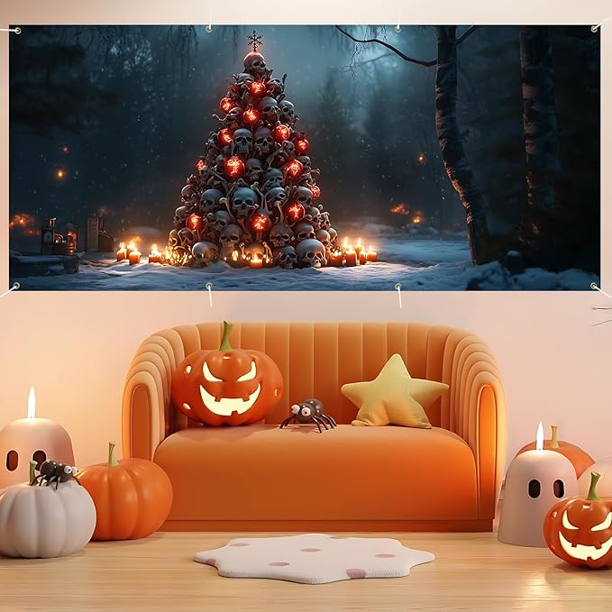 6 x 13 ft Halloween Garage Door Decorations Halloween decorations Witch Door Cover, Hanging Banner, Cauldron Backdrop Mural for Home, Outdoor, Indoor, Spooky Party, Wall, Window (Skull mountain)