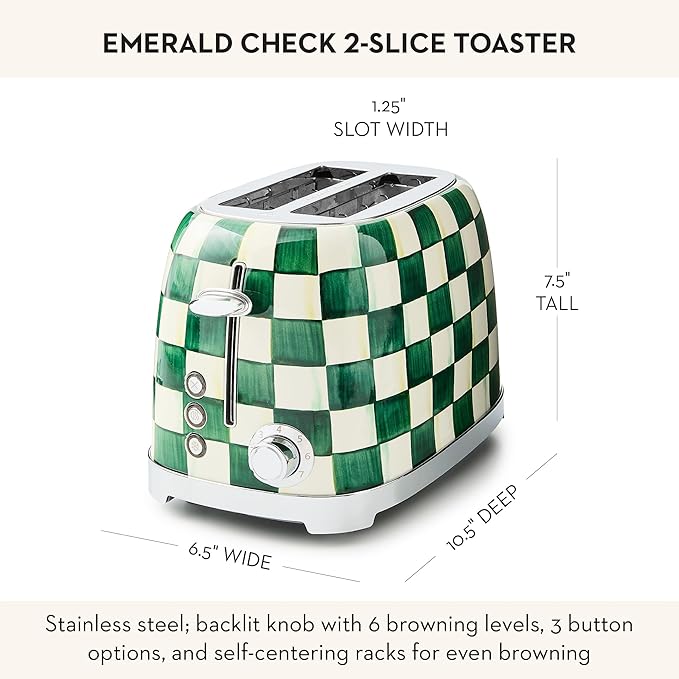 MACKENZIE-CHILDS 2-Slice Toaster, Decorative Toaster for Kitchen, Green-and-White Emerald Check