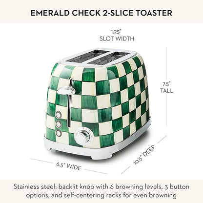 MACKENZIE-CHILDS 2-Slice Toaster, Decorative Toaster for Kitchen, Green-and-White Emerald Check