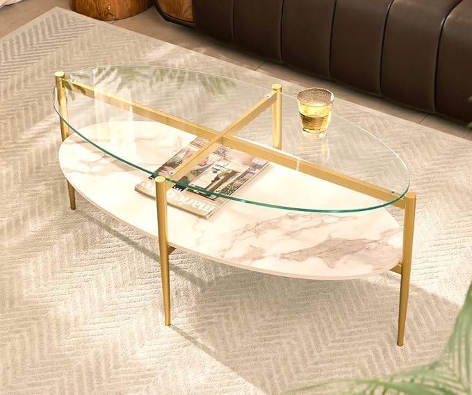 AGV LIGHTING Oval Coffee Table, Mid-Century Modern Coffee Table, Glass Coffee Table, Glod Finish Legs, Thick Tempered Glass Top with White Marble MDF Shelf