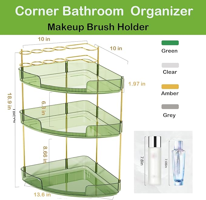 FELIZHOUSE 3-Tier Makeup Organizer for Vanity & Bathroom Countertop – Acrylic Storage Shelf with Perfume Makeup Brush Holder, Tool-Free Installation, Design for Bathroom & Dresser - Green