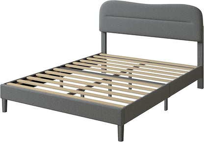 Queen Size Bed Frame with Headboard, upholstered Bed Frame Queen Size, Teddy Soft Boucle Fabric, Soft Cloud Marshmallow Shape Upholstered Headboard, No Box Spring Needed, Noise Free (Grey)