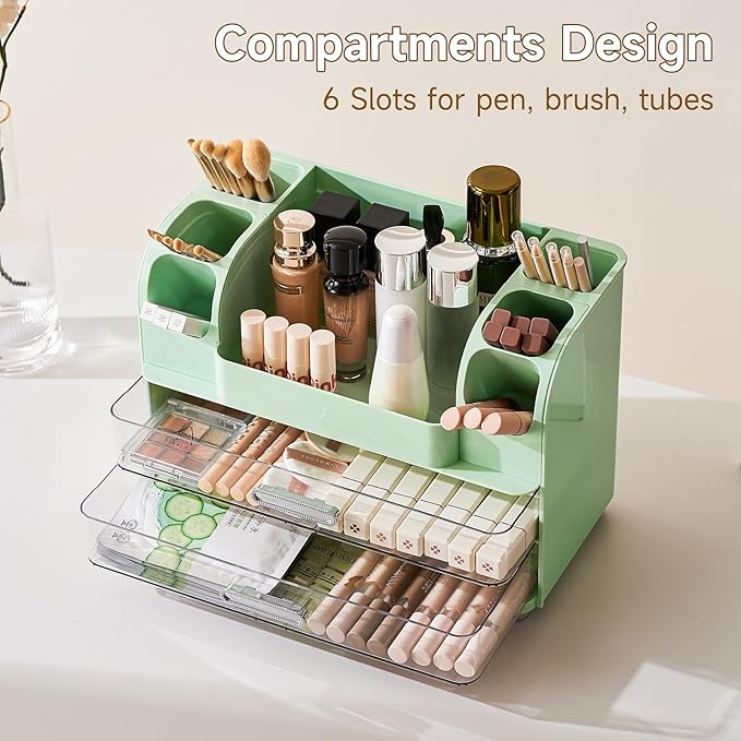 Makeup Organizer for Vanity with 2 Large Drawers, Cosmetic Display Case with Brush Holders, Easy to Storage for Bathroom Countertop Skincare, Desk Office Supplies, Green