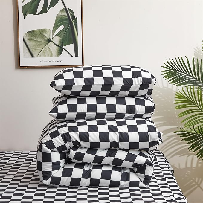 Pureant Black White Plaid Comforter Set Full Size Black Checkerboard Grid Bedding Comforter Women Men Black and White Grid Quilts Soft Modern Black Buffalo Grid Comforter Boho Checkered Geomertic Bed