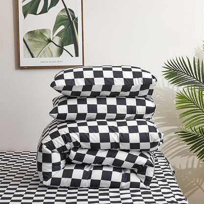 Pureant Black White Plaid Comforter Set Full Size Black Checkerboard Grid Bedding Comforter Women Men Black and White Grid Quilts Soft Modern Black Buffalo Grid Comforter Boho Checkered Geomertic Bed