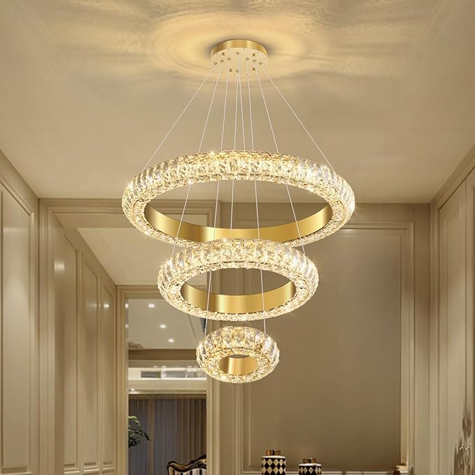 23.6" 3 Ring Crystal Chandelier Modern LED Dimmable Ring Pendant Light Round Chandelier for Dining Room Living Room Gold