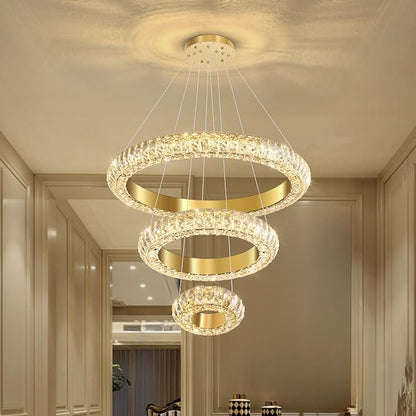 23.6" 3 Ring Crystal Chandelier Modern LED Dimmable Ring Pendant Light Round Chandelier for Dining Room Living Room Gold
