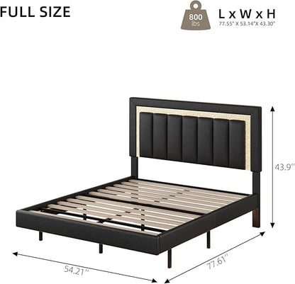 HOMBCK Floating Bed Frame Full with Smart LED Lights, Faux Leather Upholstered Bed Frame Full with Diamond Headboard, No Box Spring Needed, Noise Free, Easy Assembly, Black