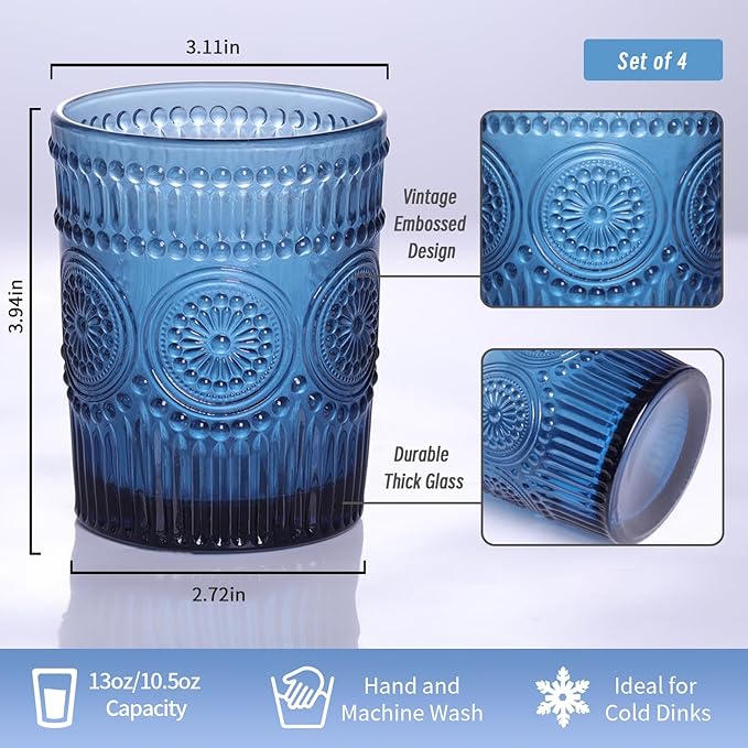 Vintage Glassware Drinking Glasses Set of 4-10.5 oz Blue Glasses Water Tumbler, Embossed Glassware Cups for Juice, Beer, Cocktail, Whiskey, Various Mixed Drinks