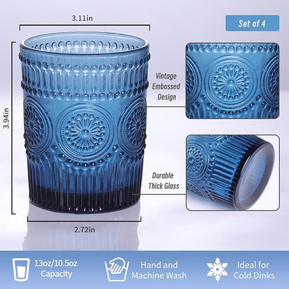 Vintage Glassware Drinking Glasses Set of 4-10.5 oz Blue Glasses Water Tumbler, Embossed Glassware Cups for Juice, Beer, Cocktail, Whiskey, Various Mixed Drinks