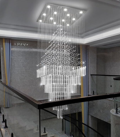 W32 x H120 Glam Chandelier with LED Bulbs Square Chandeliers, Crystal Raindrop High Ceiling Pendant Light for Entrance Large Villa Chandelier Foyer Lighting Fixtures Silver
