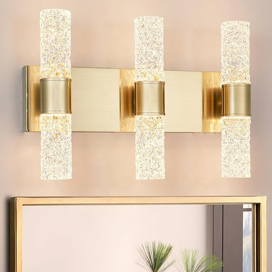 Gold Bathroom Light Fixture, Modern Gold Vanity Light for Bathroom, Crystal 6 Light Bathroom Light Fixtures Over Mirror, 27w LED Bathroom Wall Sconce 3000K Warm White