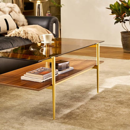 AGV LIGHTING Tadio Glass Coffee Table, Mid-Century Modern Coffee Table for Living Room, Gold Finish Leg, Coffee Brown Glass Top & Walnut Shelf, 41 in Length