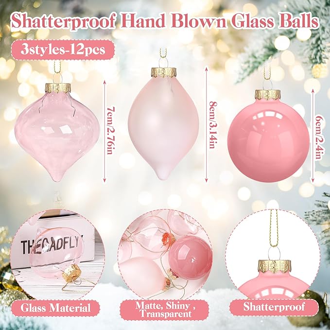 Zomiboo 12 Pcs Vintage Rose Glass Christmas Ball Ornaments Set 3.15" Hanging Shatterproof Glass Bulbs for Christmas Tree Baubles Bulk for Holiday Xmas Tree Decorations Gifts