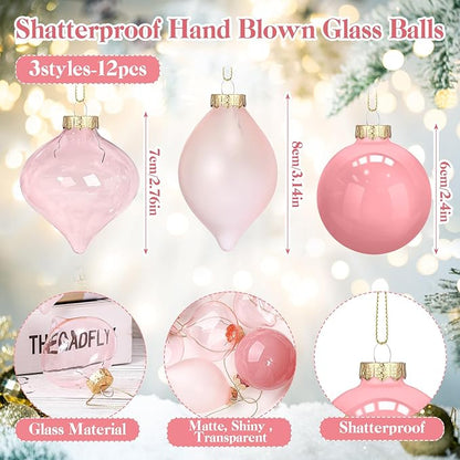 Zomiboo 12 Pcs Vintage Rose Glass Christmas Ball Ornaments Set 3.15" Hanging Shatterproof Glass Bulbs for Christmas Tree Baubles Bulk for Holiday Xmas Tree Decorations Gifts