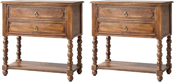 HULALA HOME Farmhouse Storage End Table Set of 2 with 2 Drawers and Open Shelf, Solid Wood Side Table with Spindle Legs, Nightstand with Charging Station (Walnut)