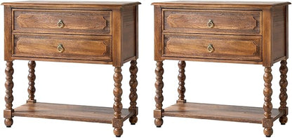 HULALA HOME Farmhouse Storage End Table Set of 2 with 2 Drawers and Open Shelf, Solid Wood Side Table with Spindle Legs, Nightstand with Charging Station (Walnut)
