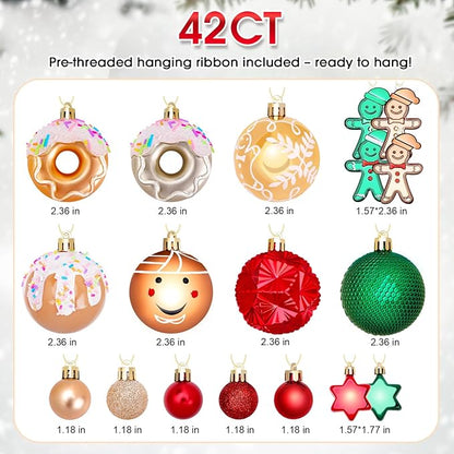42 Pcs Christmas Ornaments, Various Styles of Christmas Ball Ornaments, Shatterproof Christmas Balls for Holiday Xmas Tree Decor, Hanging Ornament for Indoor Decoration (Red, Green, & Gold)