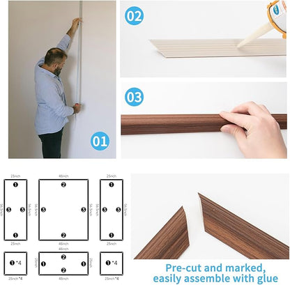 Art3d Pre-Cut Wall Molding Set of 6 pcs, Ready-to-Assemble Wainscoting Panels for Interior Wall Décor Living Room Bedroom Accent Wall - Installed with Glue, 3 Top 3 Bottom, Walnut