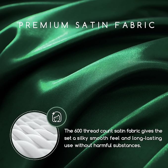 MR&HM Satin Bed Sheets, King Size Sheets Set, 4 Pcs Silky Bedding Set with 15 Inches Deep Pocket for Mattress (King, Dark Green)