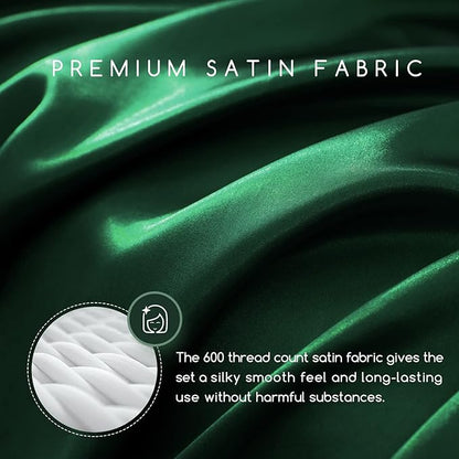 MR&HM Satin Bed Sheets, Full Size Sheets Set, 4 Pcs Silky Bedding Set with 15 Inches Deep Pocket for Mattress (Full, Dark Green)