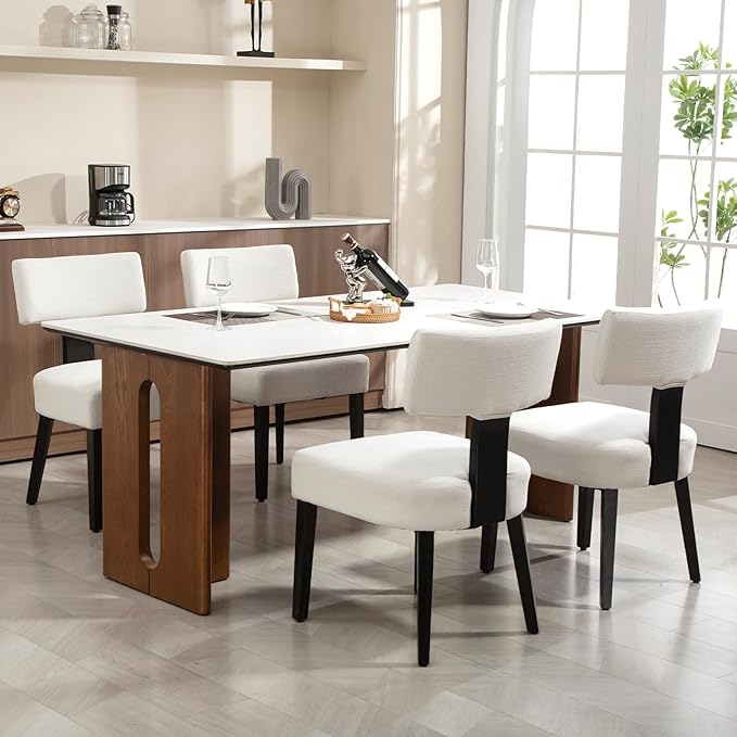 Dining Chairs Set of 4, Fabric Upholstered Wood Kitchen Chairs, Armless Linen Curved Backrest Farmhouse Modern Dining Chairs with Foot Pad for Kitchen/Living Room/Restaurant/Cafe-Beige