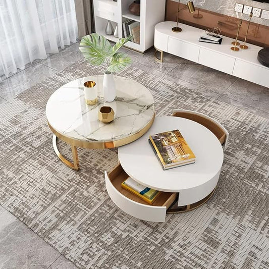 homary Round Lift-Top Coffee Table with Storage, White Faux Marble Nesting Coffee Tables with Rotatable Drawers for Living Room