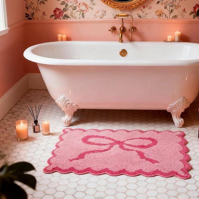 ORTIGIA Cute Pink Bow Scalloped Bath Mat, Fun Plush Microfiber Scallop Bathroom Rugs Non Slip Washable Quick Dry Absorbent, Bath Rug for Shower Stall Vanities Kitchen Floor Entrance, 20x32