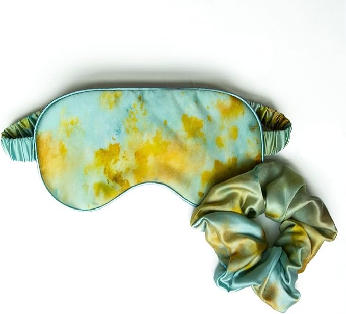 Silk & Willow 100% Pure Mulberry Silk Sleep Eye Mask & Hair Scrunchie Gift Set (Teal Marigold)