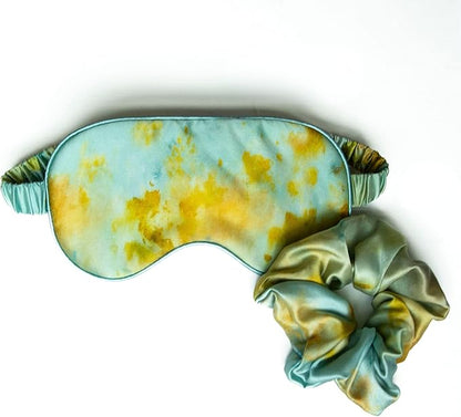 Silk & Willow 100% Pure Mulberry Silk Sleep Eye Mask & Hair Scrunchie Gift Set (Teal Marigold)