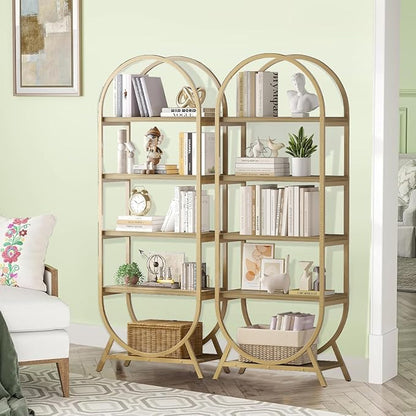 Arched Bookshelf,5-Tier Tall Wide Open Bookshelf,Modern Brown Storage Display Rack Shelving Unit for Office, Bedroom, Living Room, Easy Assembly, Gold and Nature Wood