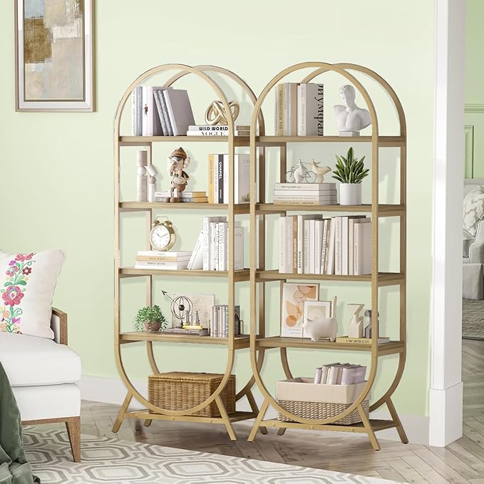 Arched Bookshelf,5-Tier Tall Wide Open Bookshelf,Modern Brown Storage Display Rack Shelving Unit for Office, Bedroom, Living Room, Easy Assembly, Gold and Nature Wood