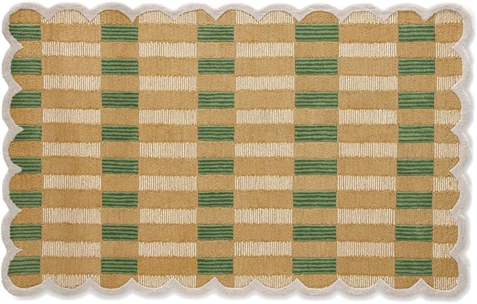 Hand-Tufted Wool Area Rug with Scalloped Edges, Beige and Green Plaid Pattern, Cozy and Soft Accent Rug for Living Room, Bedroom, and Nursery, Handmade Decorative Rug, 8x10 Ft