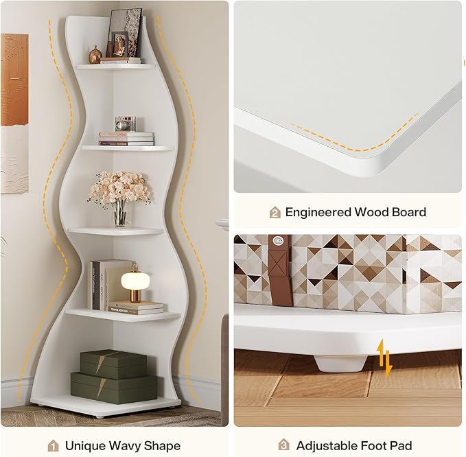 Tribesigns Wavy Corner Shelf, Modern 5-Tier Bookshelf Bookcase with Curvy Shape, Unique Plant Stand Display Rack for Living Room Small Space (White)