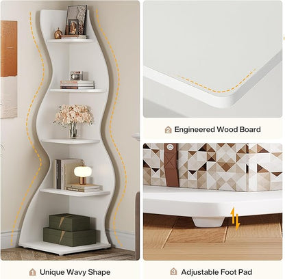Tribesigns Wavy Corner Shelf, Modern 5-Tier Bookshelf Bookcase with Curvy Shape, Unique Plant Stand Display Rack for Living Room Small Space (White)